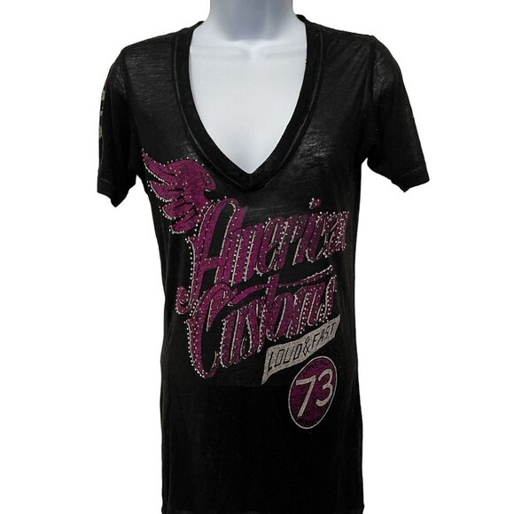 Affliction American Graphic Rhinestone Studded Speedway Burnout VNeck Tshirt Top - Picture 4 of 6